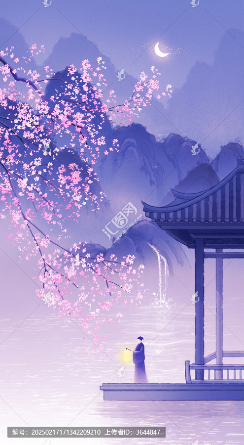 唯美夜景古風(fēng)提燈籠的書生