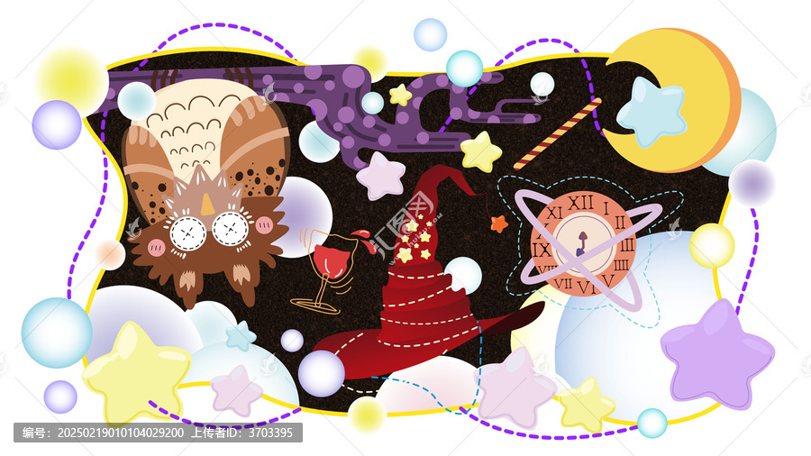 貓頭鷹魔法帽裝飾插畫平面夢幻