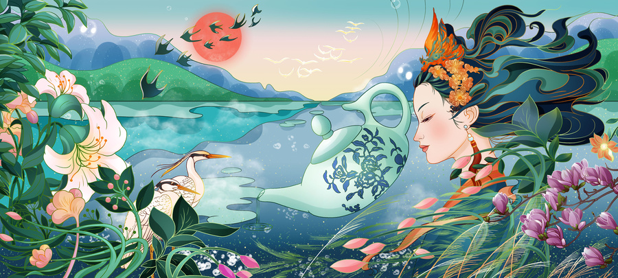 春姑娘唯美茶包裝素材插畫