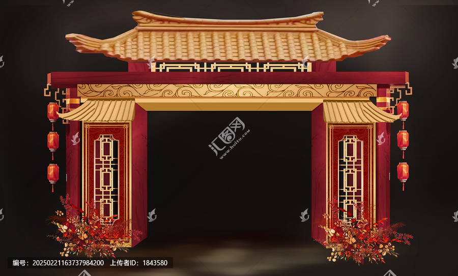 紅色新中式婚禮門(mén)頭拱門(mén)效果圖