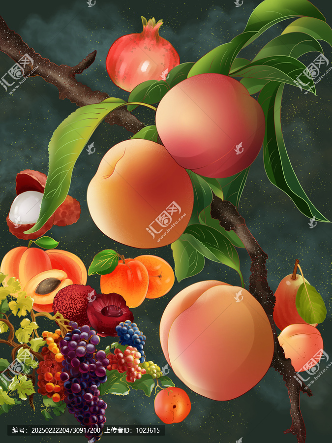 新鮮水果水蜜桃果實寫實插畫