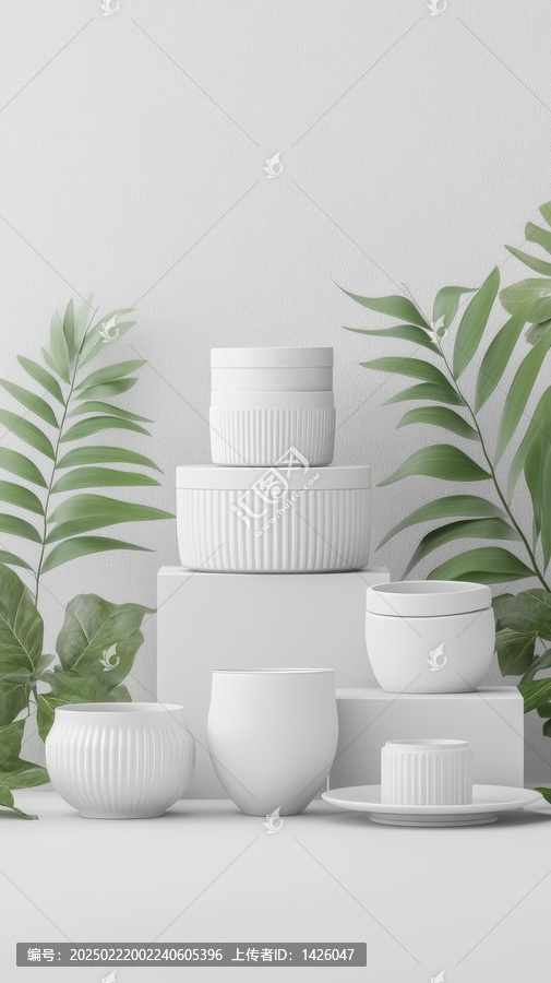 白色陶瓷展陳與熱帶植物的搭配