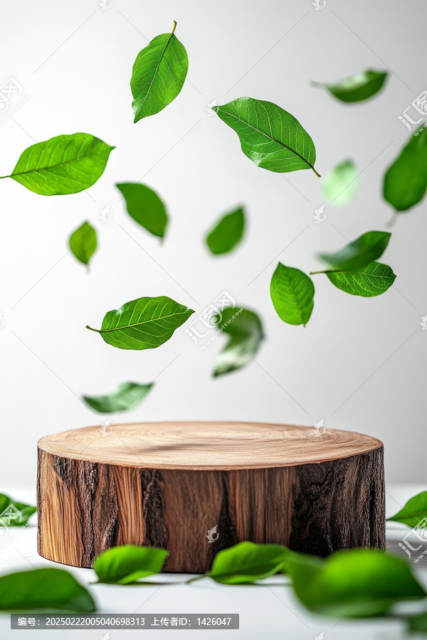 木質(zhì)展示臺(tái)與飄落葉片