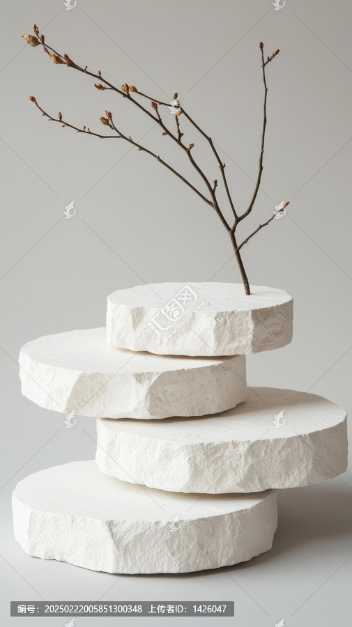 極簡主義白色石頭展臺與樹枝