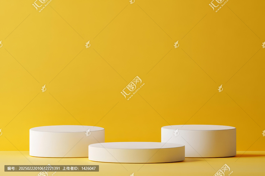 黃色背景上的三個(gè)白色圓柱形展示臺(tái)