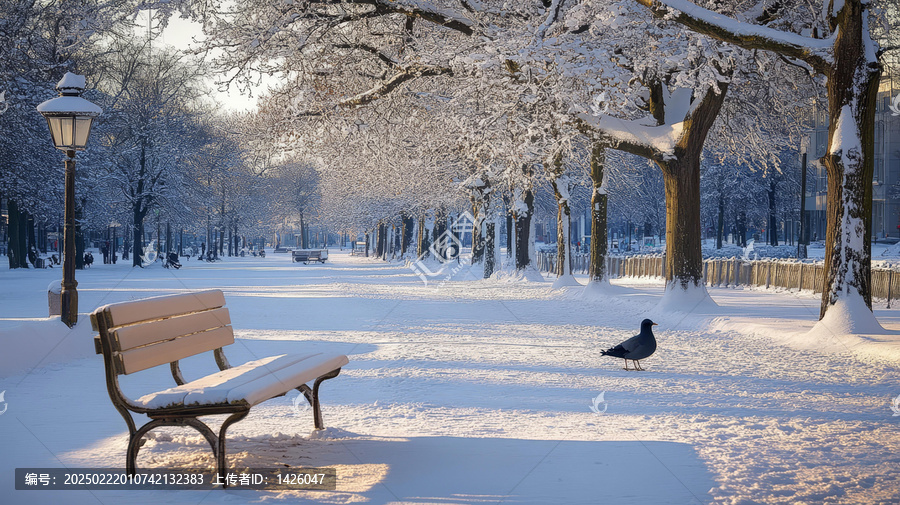 冬日雪景公園長椅與鳥兒