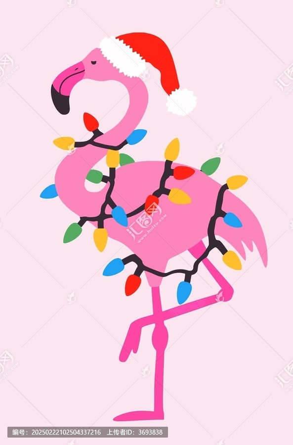 粉色背景下戴圣誕帽的火烈鳥(niǎo)纏著五彩燈串