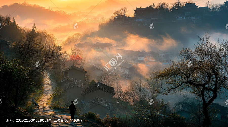 晨霧繚繞的山村清晨美景