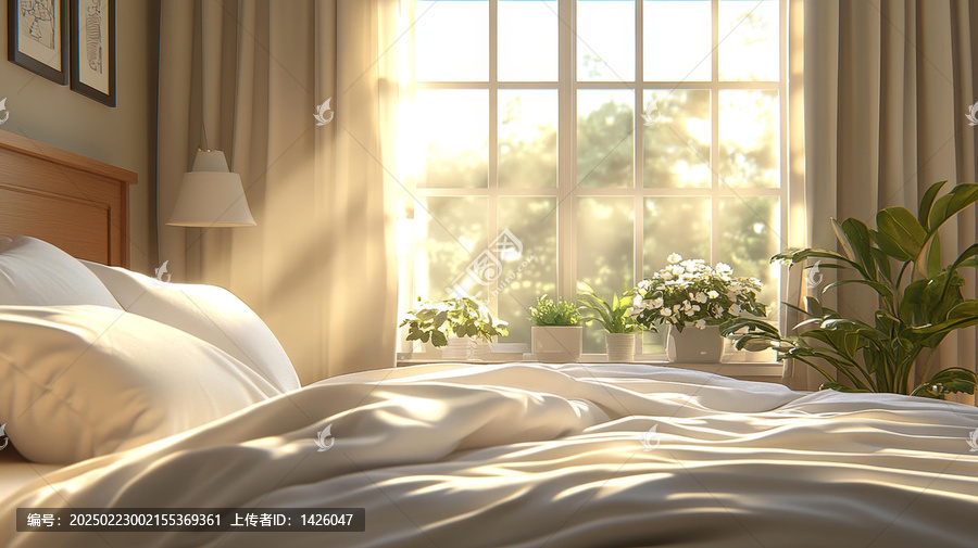 臥室陽光明媚的早晨室內(nèi)場景