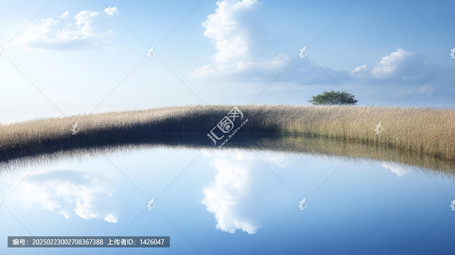 寧靜的湖面倒映著天空和云朵