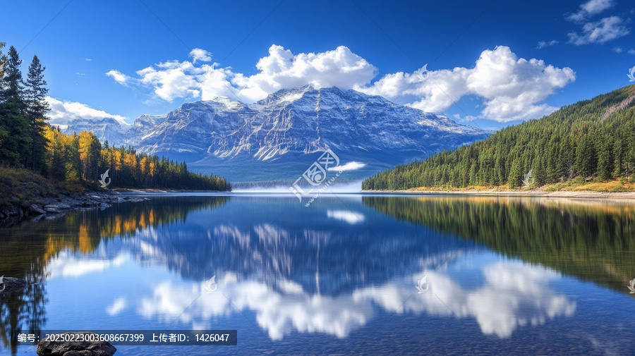 秋日寧靜山湖美景