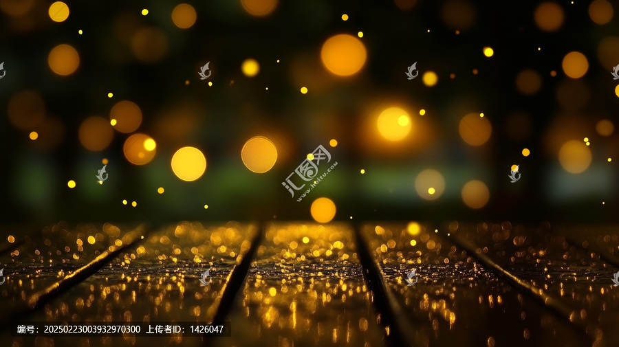 夜晚燈光下的金色光斑木質(zhì)桌面