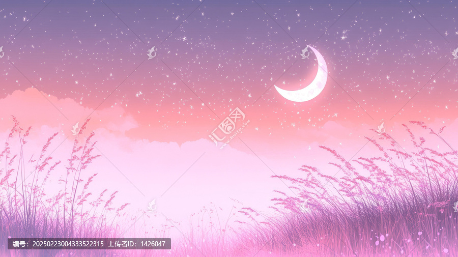 夢幻粉色夜空田野風景
