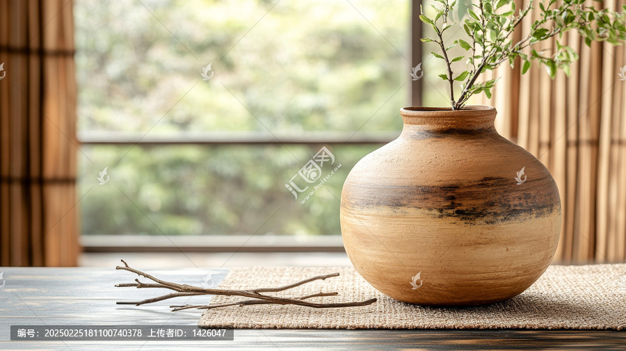 窗邊樸實(shí)泥質(zhì)花瓶擺件