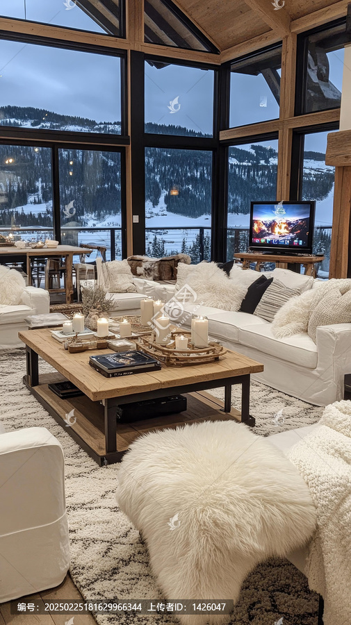 風(fēng)景如畫的雪山小屋客廳