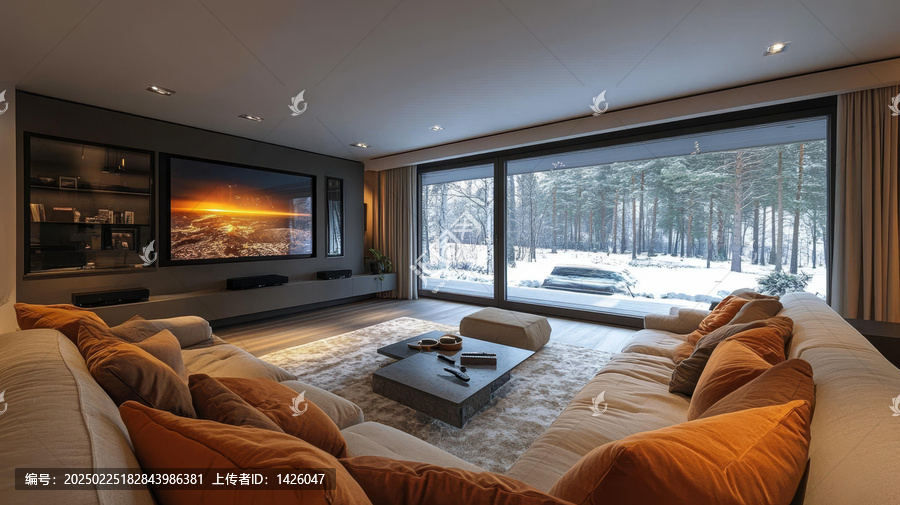 現(xiàn)代家庭影院室，窗外冬日森林景色