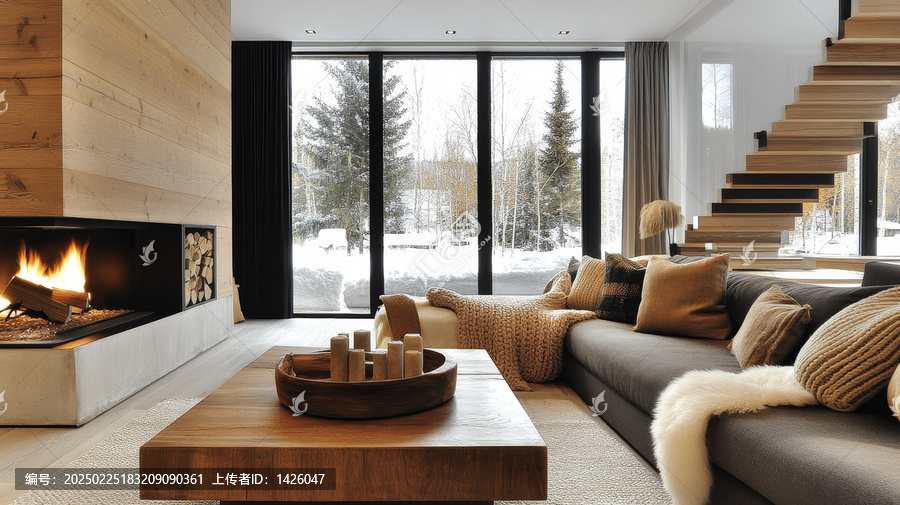 現(xiàn)代舒適的壁爐客廳與雪景