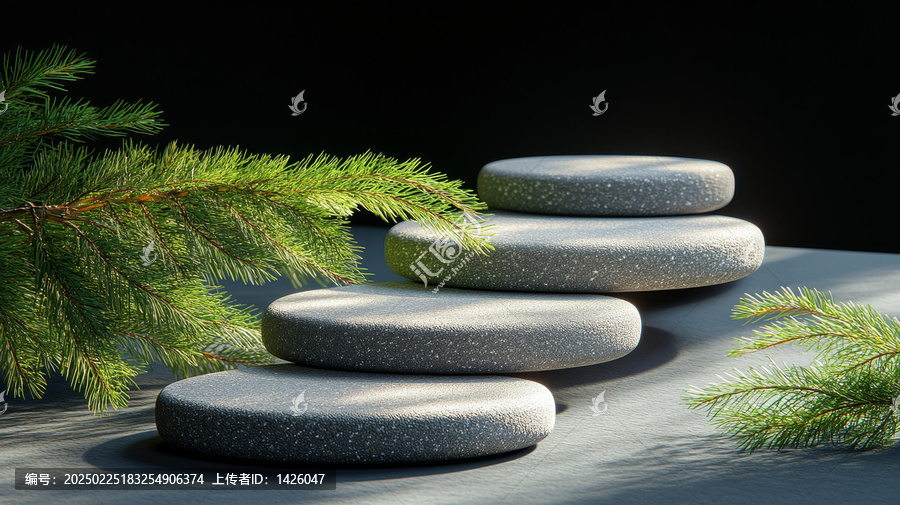 灰色石階與松枝的靜物