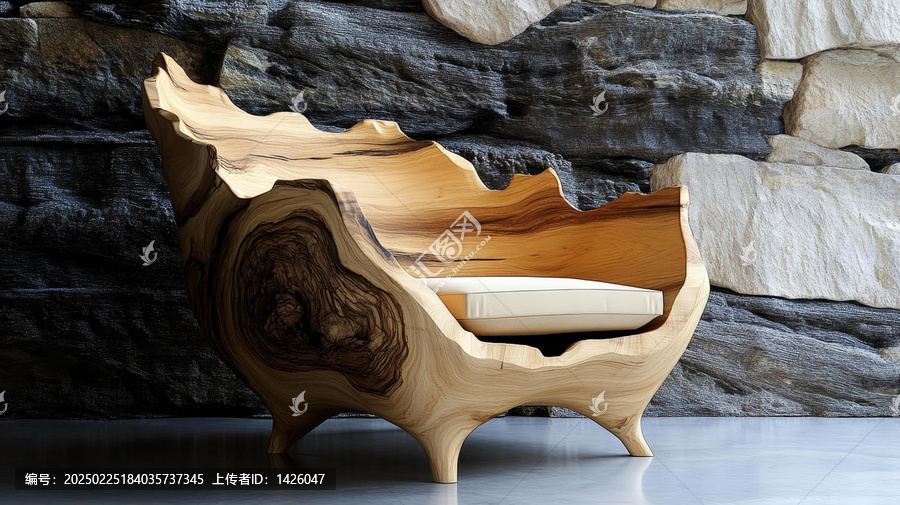 天然木質雕塑椅與石材背景