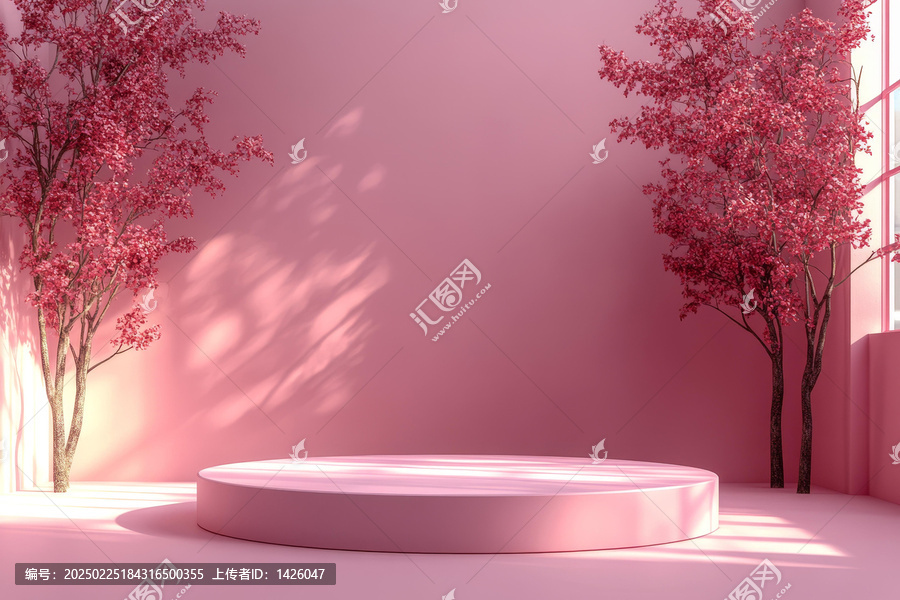 粉紅色極簡場景與圓形展臺和樹木