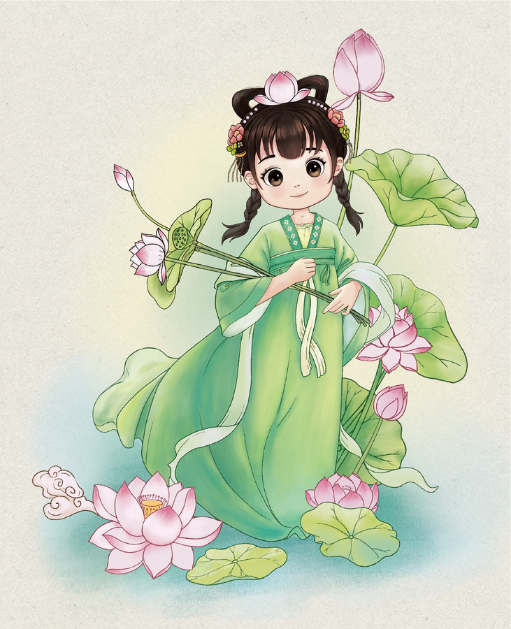 Q版仕女花神荷花圖