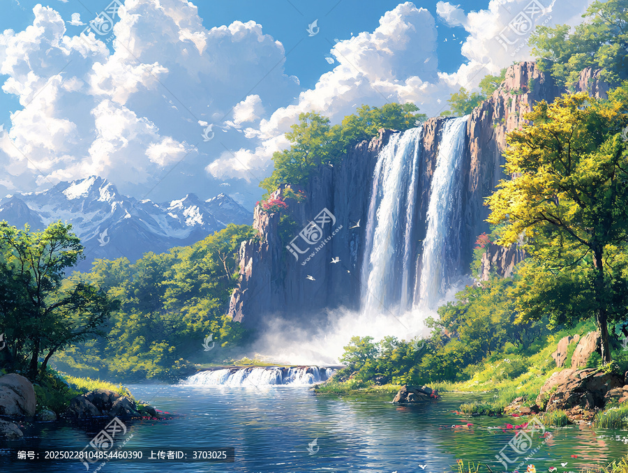 山水風(fēng)景油畫(huà)瀑布
