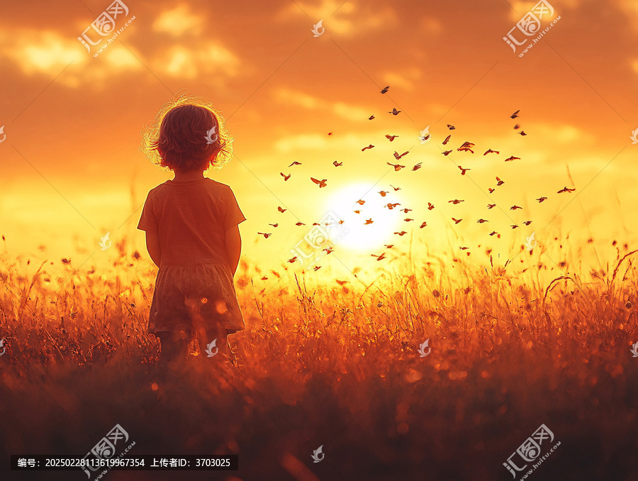 兒童夕陽下背影