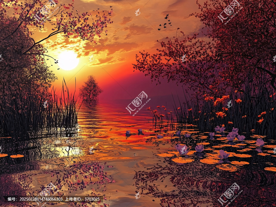 夕陽風(fēng)景蘆葦池塘
