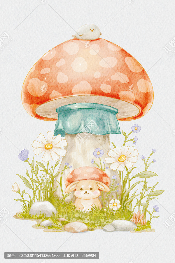 小兔的蘑菇花園插畫