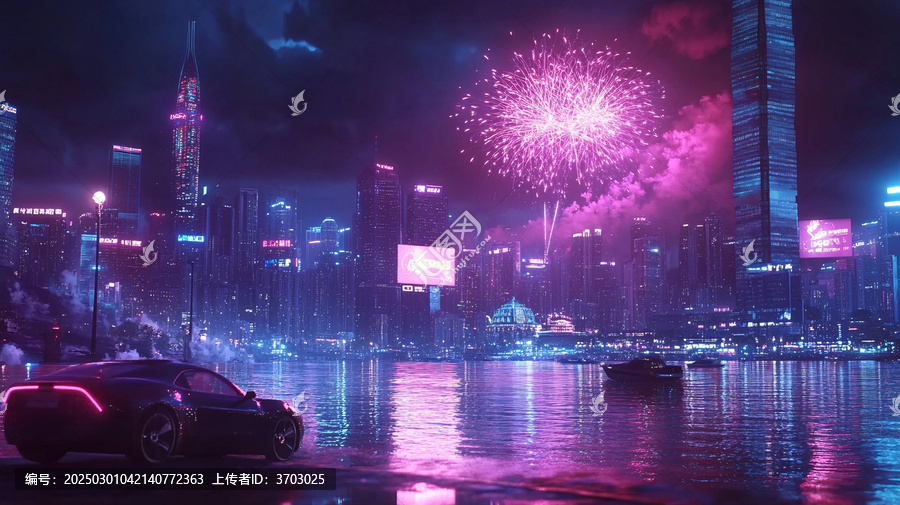 城市夜景煙花倒影