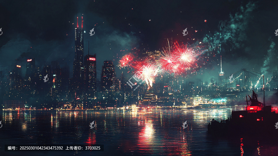 城市夜景煙花倒影