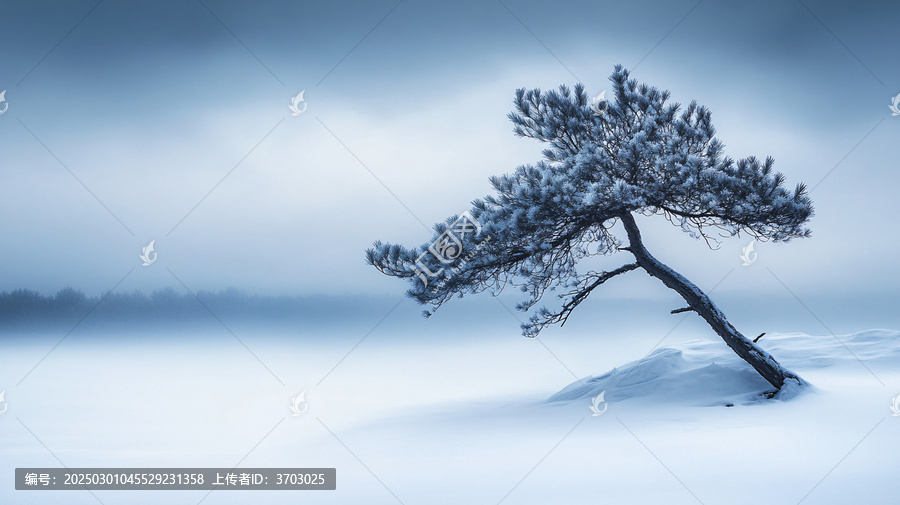 冬季雪原一顆松樹