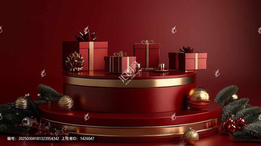 圣誕節(jié)禮物盒擺放在紅色展示臺(tái)