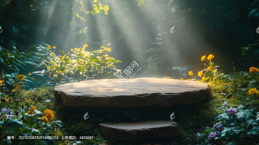 自然光照下的花園石臺(tái)展示