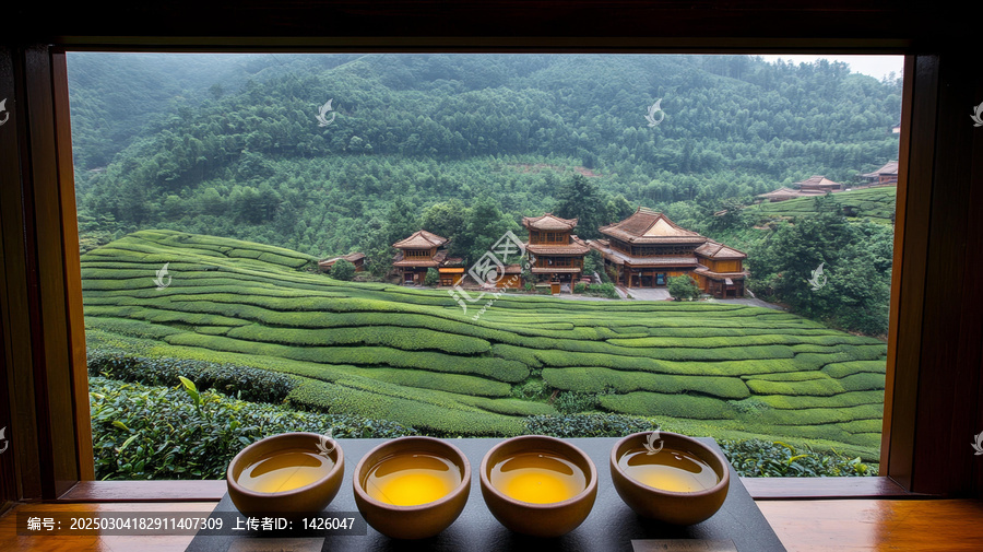 茶園美景窗外茶杯