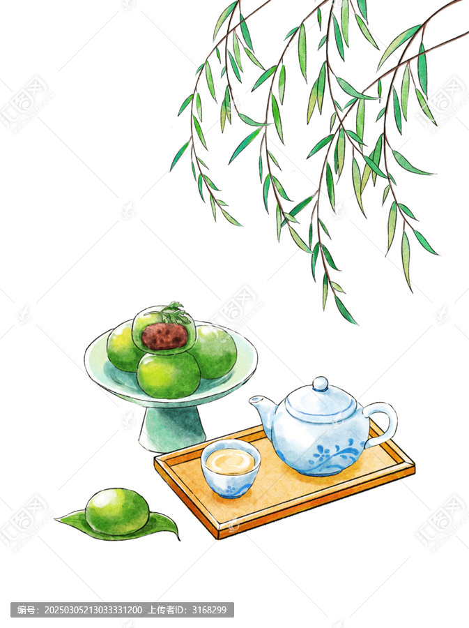 柳條下的青團(tuán)和清明茶清明節(jié)插畫元素