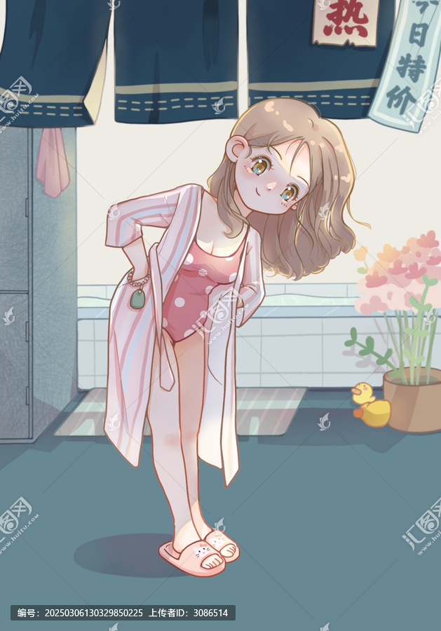 溫泉泳池場景插畫
