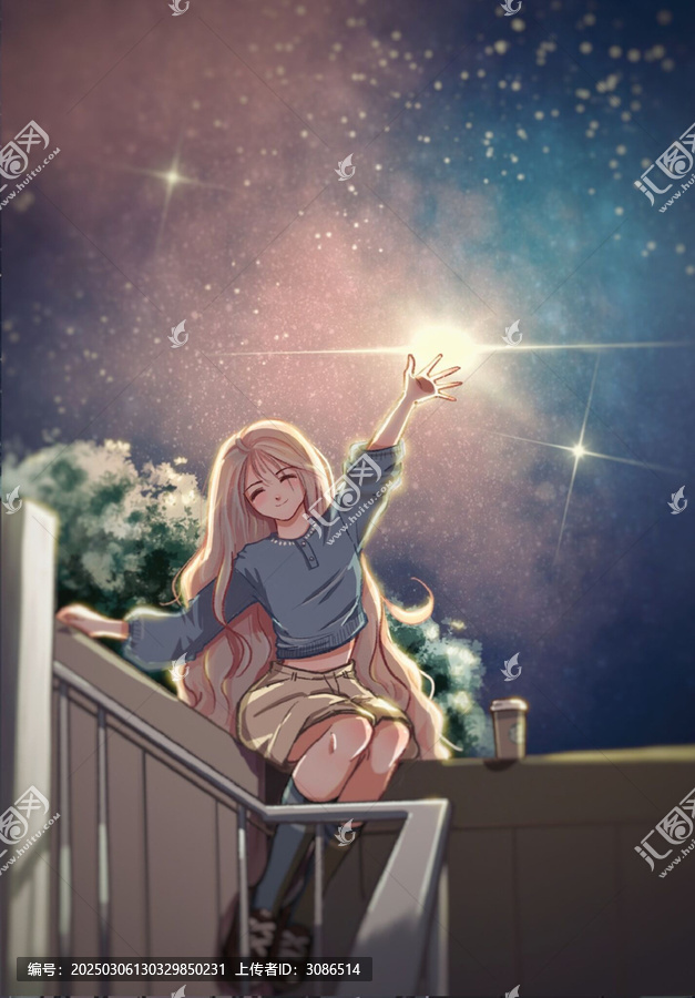 星空下的長(zhǎng)發(fā)女孩插畫