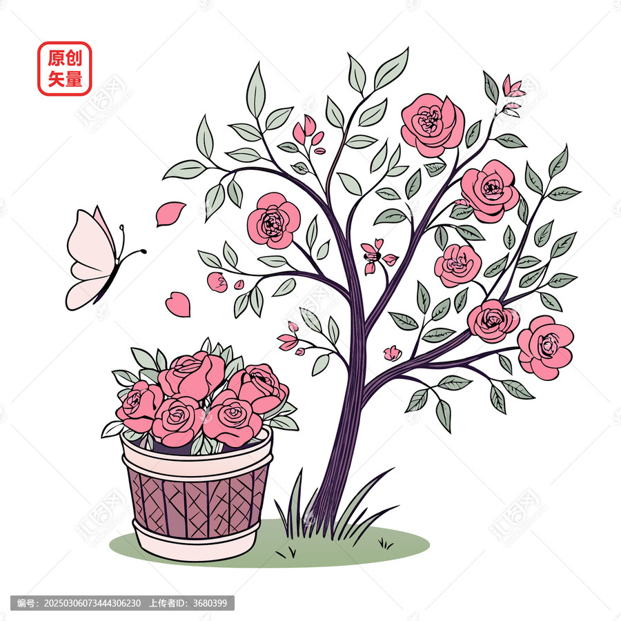 矢量插圖植物簡約玫瑰花樹