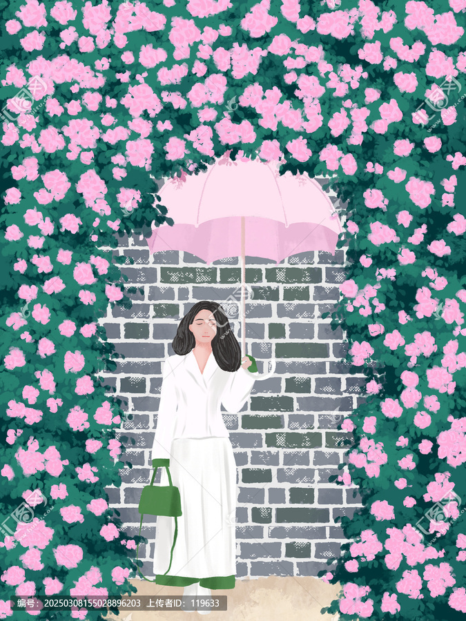 花墻前撐傘的女孩
