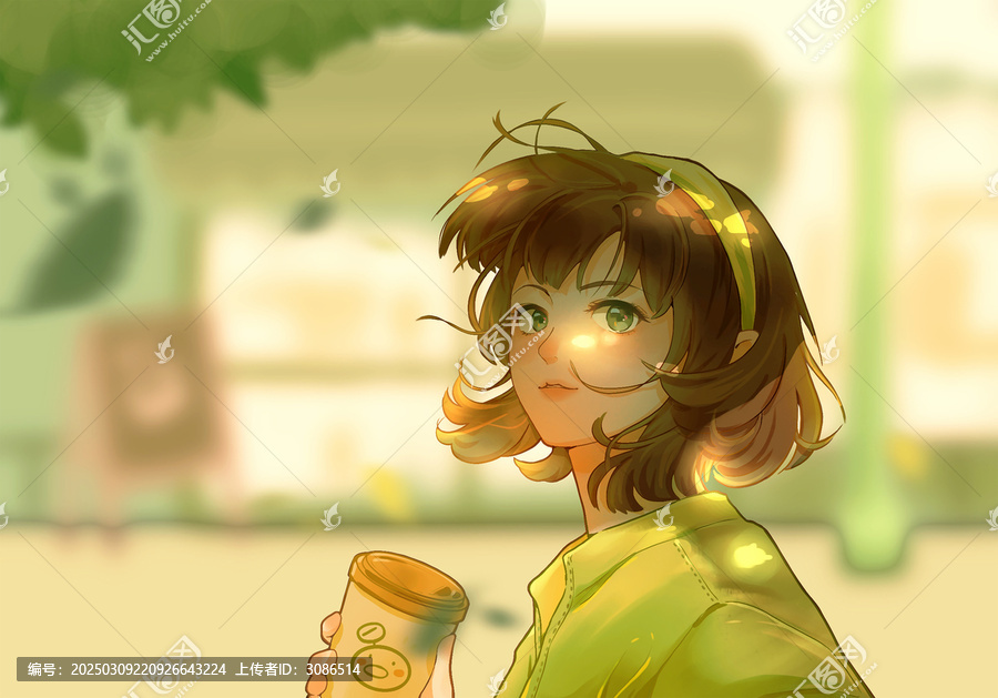 插畫樹蔭下路過咖啡店的女孩