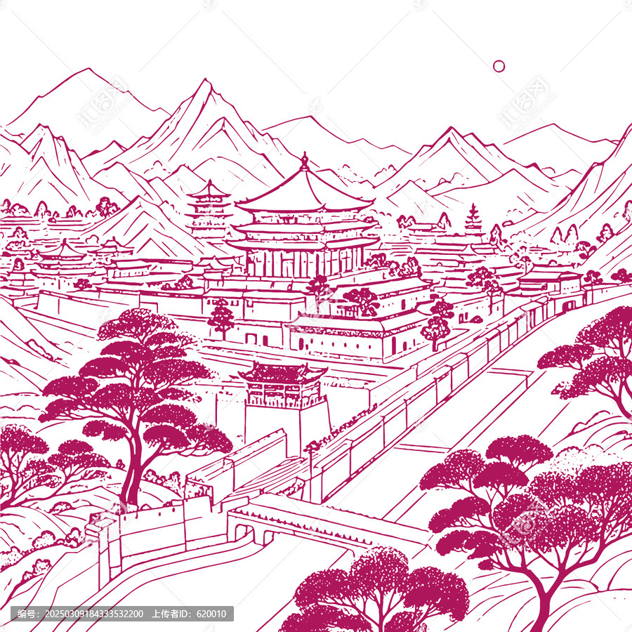 古城塔樓背景線稿古老建筑手繪底紋矢量圖