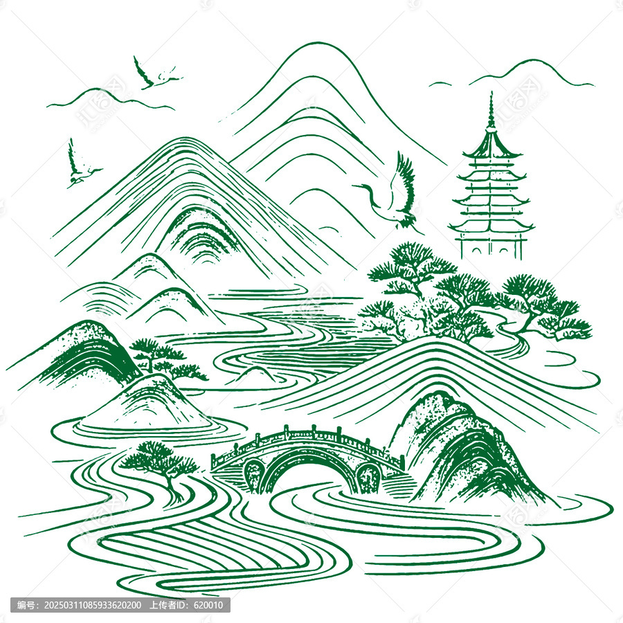 山水畫手繪線稿底紋古建筑包裝設計矢量素材