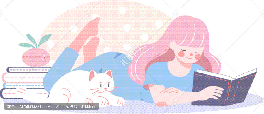趴著看書的女孩矢量插畫