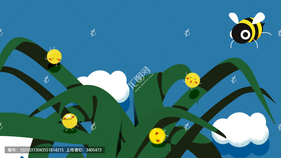 藍(lán)天白云綠植中追逐的蜜蜂和螢火蟲矢量插畫