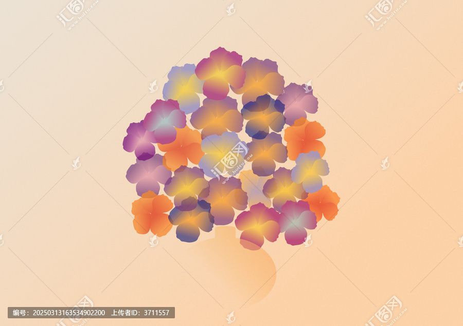 漸變暖橙背景下的三色堇花瓶插畫