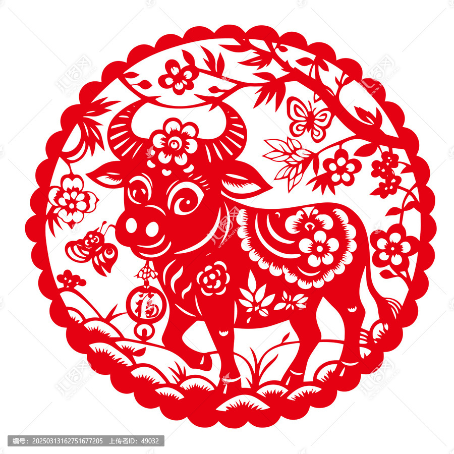 圓形紅色剪紙生肖牛