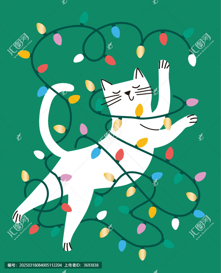 綠色背景下被圣誕彩燈纏繞的白貓插畫