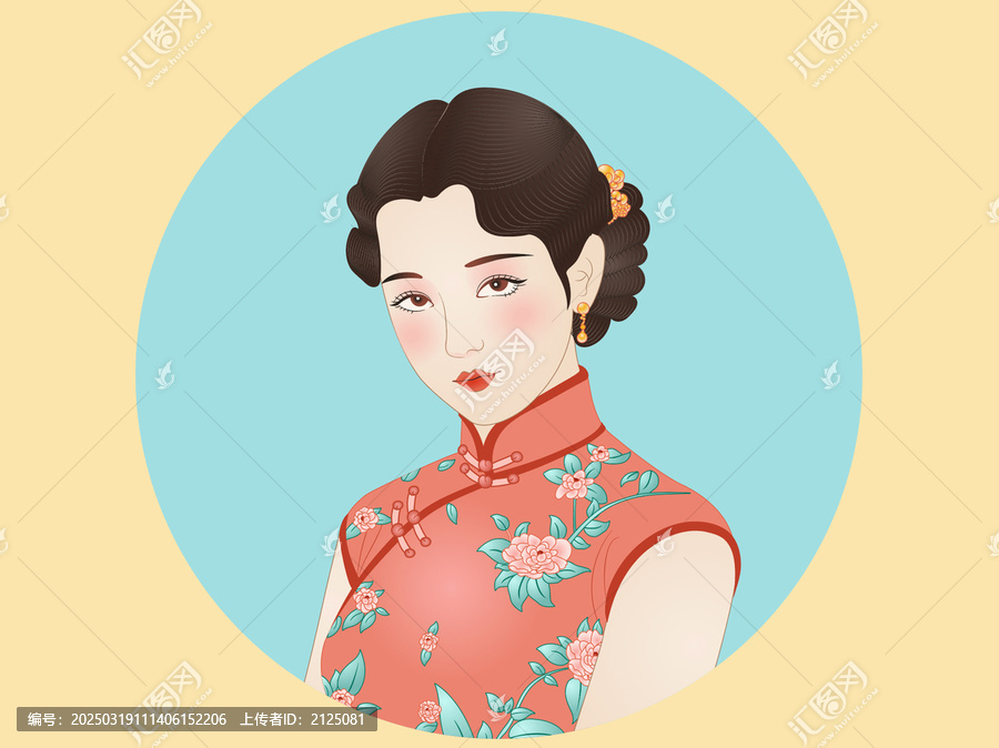 緋色月季花民國(guó)美人旗袍美女古典女性肖像