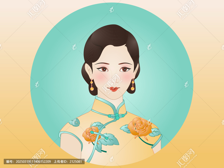 黃色花朵民國美人旗袍美女古典女性肖像